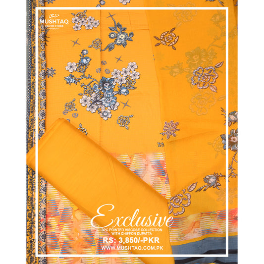 Exclusive 3Pcs Printed Viscose Collection with Chiffon Dupatta Design - 1