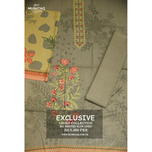 Exclusive 3Pcs Printed Slub Linen Collection Design - 5