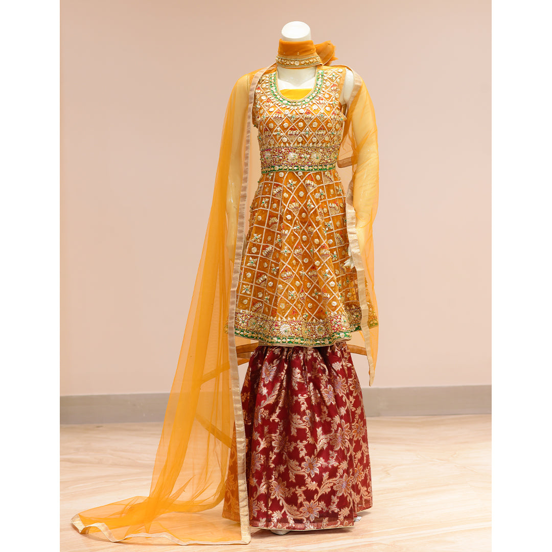 MCS BRIDAL YELLOW KURTI WITH RED SHARARA