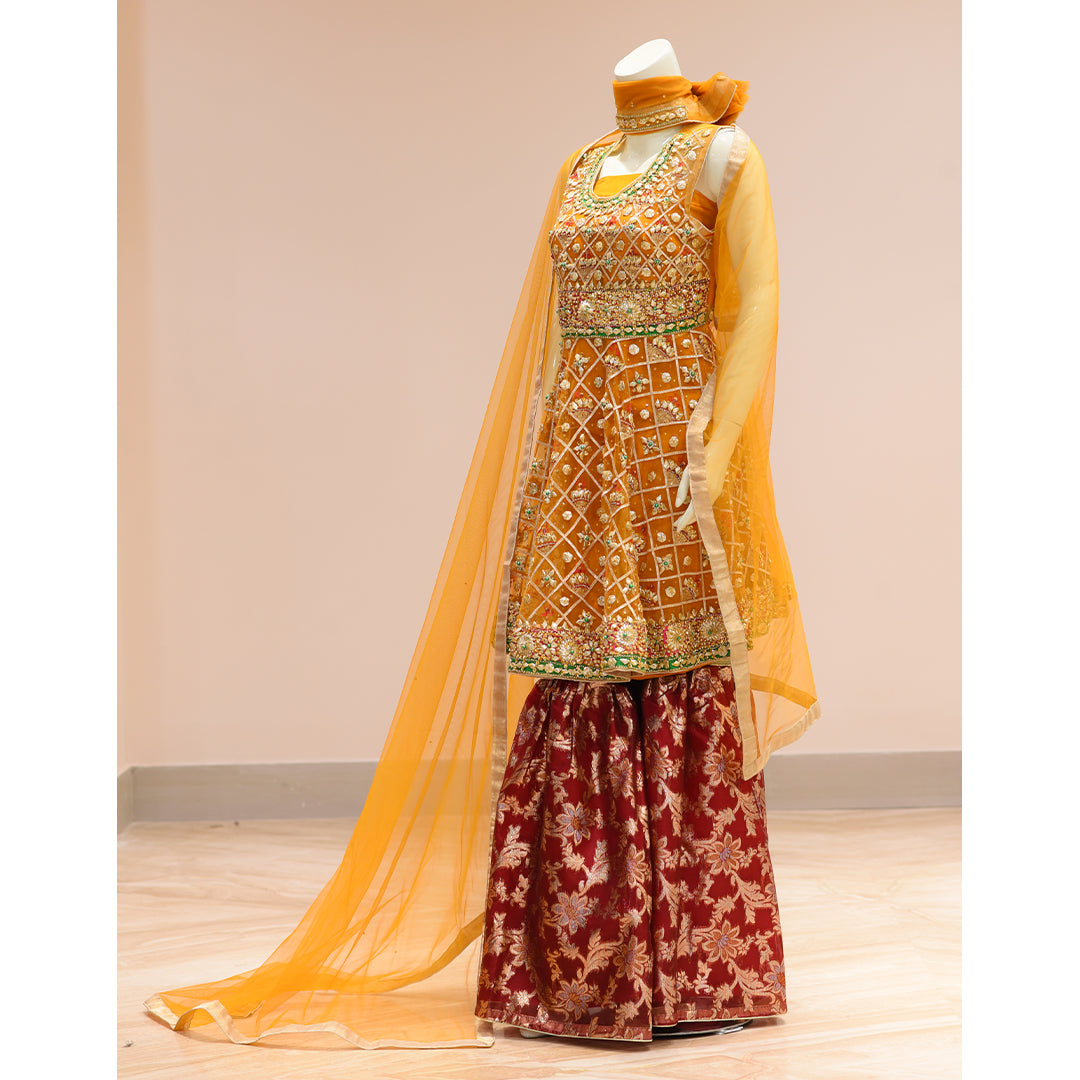 MCS BRIDAL YELLOW KURTI WITH RED SHARARA